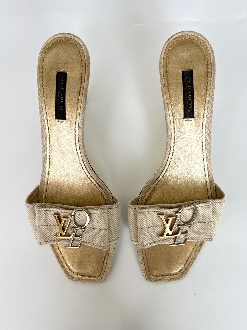 Vintage Louis Vuitton Cream Canvas Love logo Bow Slide Sandals Size 38